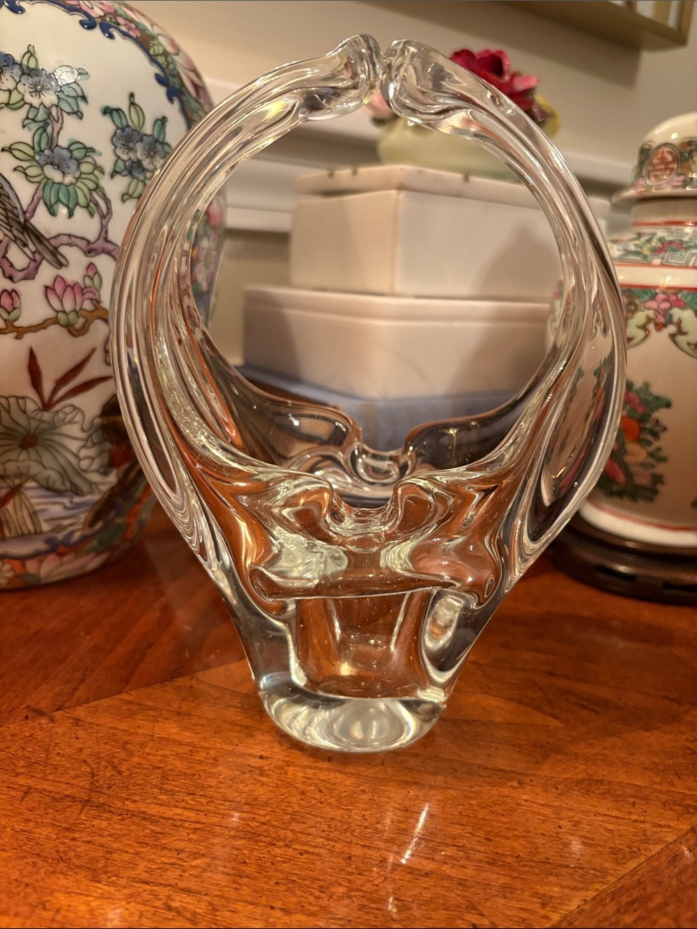 Murano Style Clear Blown Glass Sculptural Basket Vase